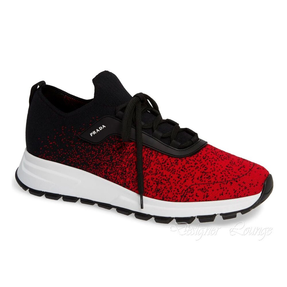 NEW PRADA Men's Knit 2 Red Black Textile Low Top Logo Sneakers UK 10 / US 11 - Picture 7 of 12